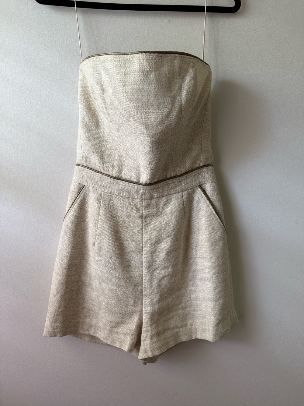 Tamara Mellon Strapless Linen-Blend Romper in Light Beige